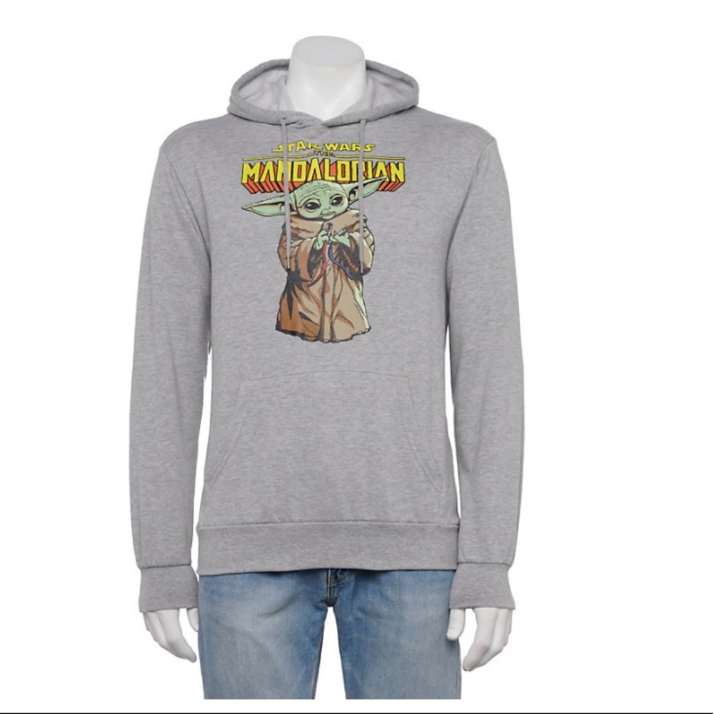 NEW Mens Star Wars The Mandalorian Grogu Hoodie Sweatshirt Gray Large Baby Yoda